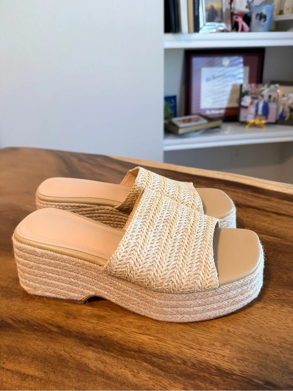 Woven Platform Slide Sandals in Natural